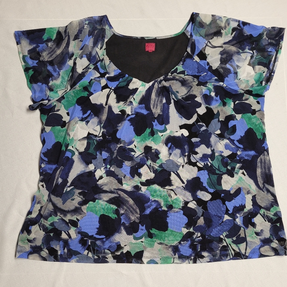 212 Collection V Neck Sheer Blue, Green and Black Floral Blouse Cottagecore 2X